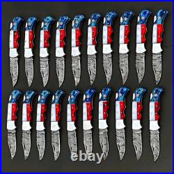20Pcs, Texas Flag Handmade Damascus Steel Folding Knives Pocket Knives/ Sheaths