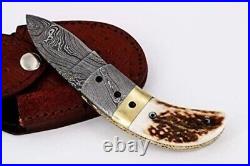 25 Pcs Custom Handmade Damascus Folding Knife Stag Horn Handle & Leather Covers