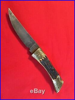 27-3 Beautiful Browning Made In Germany Damascus Stag Folding Hunter Knife