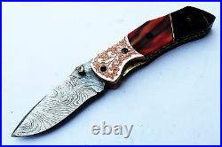 3.0 Damascus Blade Handmade Folding Knife/Liner Lock, Kerinite, Horn- US-CH-95