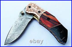 3.0 Damascus Blade Handmade Folding Knife/Liner Lock, Kerinite, Horn- US-CH-95