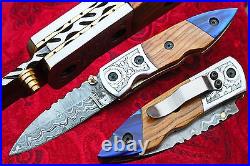 3.0Blade Damascus Folding knife withEngraved Steel Bolsters, Olive Wood-UDK-F-89