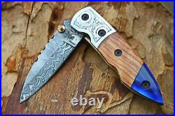 3.0Blade Damascus Folding knife withEngraved Steel Bolsters, Olive Wood-UDK-F-89