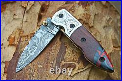 3.0Blade Damascus Folding knife withEngraved Steel Bolsters, Walnut Wood-UDK-F-90