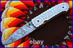 3.0Damascus Blade Custom made Folding Knife/Liner Lock, Engraved Handle-CH-37