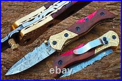 3.1Blade Damascus Folding knife withEngraved Bolsters Oak w, Kirinite-UDK-F-110