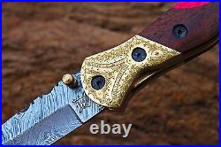 3.1Blade Damascus Folding knife withEngraved Bolsters Oak w, Kirinite-UDK-F-110