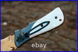 3.2 Titanium Coated Damascus Blade Custom Folding Knife with Pearl, Clip-US-77