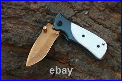 3.2 Titanium Coated Damascus Blade Custom Folding Knife with Pearl, Clip-US-77