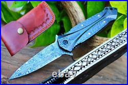 3.2Damascus Blade Custom made Folding Knife/Liner Lock, File-Work, -UDK-A187-13