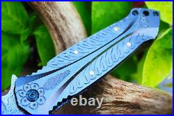 3.2Damascus Blade Custom made Folding Knife/Liner Lock, File-Work, -UDK-A187-13