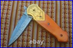 3.2Damascus Blade Handmade Folding Knife/Sheath, File-Work, Liner Lock -US-CH-198