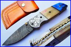 3.2Damascus Blade made Folding Knife/Steel Bolsters, Buffalo Bone- US-CH-119