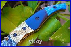 3.3 Blade Damascus Folding knife with Buffalo horn, Engraved Brass Bolsters-CD-142