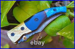 3.3 Blade Damascus Folding knife with Buffalo horn, Engraved Brass Bolsters-CD-142