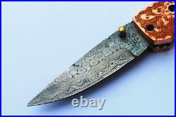 3.3 Damascus Blade made Folding Knife/ Copper Bolster, Buffalo Bone US-CH-115