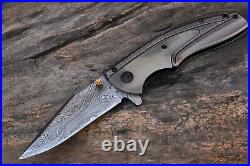 3.3Damascus Blade Handmade Folding Knife/Liner Lock, Clip, File-work, =UDK-01