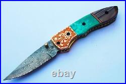3.3Damascus Blade made Folding Knife/Copper Bolster, Buffalo Bone, CoverUS-CH-114