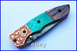 3.3Damascus Blade made Folding Knife/Copper Bolster, Buffalo Bone, CoverUS-CH-114