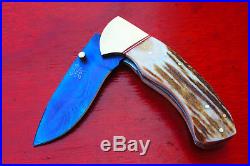 3.4 Blue Titanium Coated Damascus Blade Custom Folding Knife withStage -US-F-201