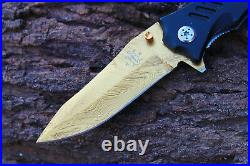 3.4-Titanium Coated Damascus Blade Custom Folding Knife withLiner Lock-Udk-105
