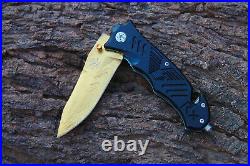 3.4-Titanium Coated Damascus Blade Custom Folding Knife withLiner Lock-Udk-105