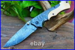 3.4Damascus Blade Custom made Folding Knife/Easy Liner Lock, Buffalo B-UDK-CK-36
