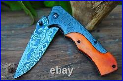 3.4Damascus Blade Custom made Folding Knife/Easy Liner Lock, Cover-UDK-A181-37