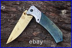 3.4Titanium Coated Damascus Blade Custom Folding Knife with Liner Lock -udk-4