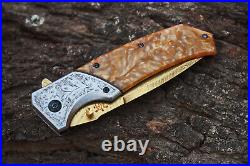 3.4Titanium Coated Damascus Blade Custom Folding Knife withLiner Lock -udk-5
