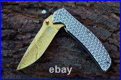 3.5 Titanium Coated Damascus Blade Custom Folding Knife with File-Work, Lin-US-74