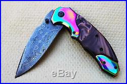 3.5Damascus Blade Handmade Folding Knife/Horn, Liner Lock, Clip, Kirinite-US-CH-06