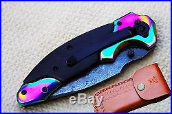 3.5Damascus Blade Handmade Folding Knife/Horn, Liner Lock, Clip, Kirinite-US-CH-06