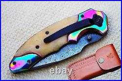 3.5Damascus Blade Handmade Folding Knife/Liner Lock, Clip, Kirinite, Bone-A05-05