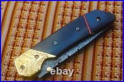 3.5Damascus Blade made Folding Knife/Engrave Bolster, Buffalo HORN- -US-CH-155