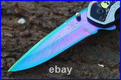 3.5Titanium Coated Damascus Blade Custom Folding Knife with Clip, Liner lock-117
