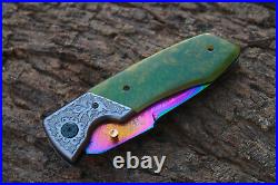 3.5Titanium Coated Damascus Blade Custom Folding Knife with Poly pearl -udk-114