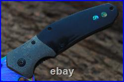 3.5Titanium Coated Damascus Blade Custom Folding Knife with buffalo Horn-udk-112