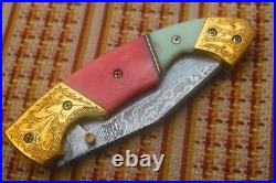 3.6Damascus Blade made Folding Knife/ Engrave Bolsters, Dyed Bone- US-CH-136
