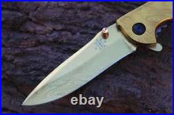 3.8 Titanium Coated Damascus Blade Custom Folding Knife with File-Work, Lin-US-73
