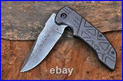 3.8Damascus Blade Handmade Folding Knife/Liner Lock, Pocket Clip, -UDK-20
