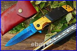 3.9Damascus Titanium Blade Custom made Folding Knife/Engrave Brass BUDK-A194-20