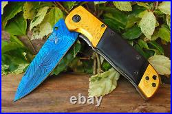 3.9Damascus Titanium Blade Custom made Folding Knife/Engrave Brass BUDK-A194-20
