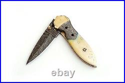3 Custom Made Bone Handle Arrow Handle Damascus Steel Folding Pocket Knife