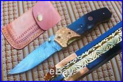4.0Damascus Blade Handmade Folding Knife/ Buffalo Horn, Brass Bolster, -US-CH-204