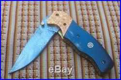 4.0Damascus Blade Handmade Folding Knife/ Buffalo Horn, Brass Bolster, -US-CH-204