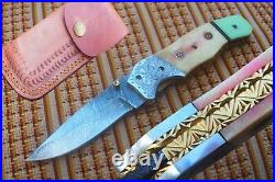 4.0Damascus Blade Handmade Folding Knife/ Water Buffalo Bone, Liner L, -US-CH-200