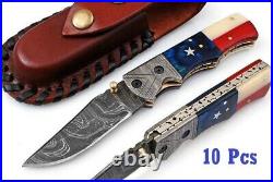 4.25 HANDMADE DAMASCUS STEEL TEXAS/AMERICAN FLAG FOLDING KNIFE (Lot of 10 Pcs)