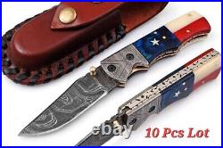4.25 Handmade Damascus Steel American Flag Folding Knife Lot Of 10 Pcs