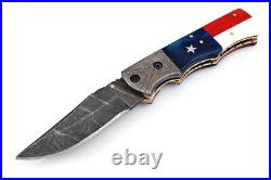 4.25 Handmade Damascus Steel American Flag Folding Knife Lot Of 10 Pcs